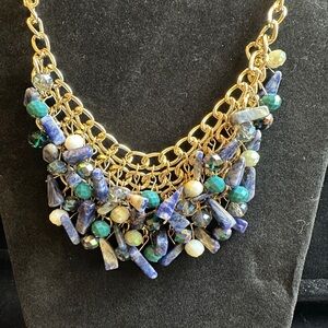 Gold and Blue Statement Necklace with semi precious stones